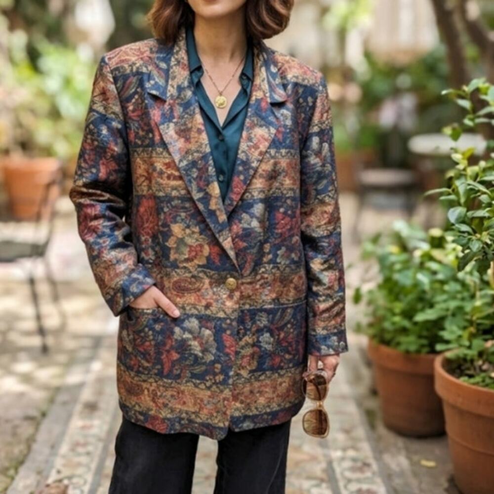 Michael Taylor Vintage Tapestry Floral Paisley Blazer Jacket Women's Large Boho